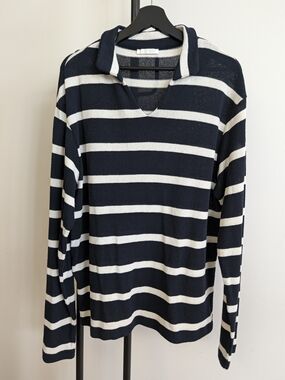 Zara Navy and White Striped V-Neck Collared Sweater